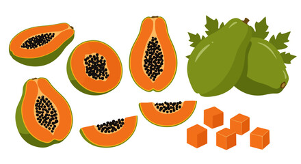 Papaya Fruit Illustration: Whole, Sliced, and Diced
