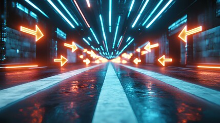 Futuristic Neon Tunnel: A futuristic tunnel illuminated by neon lights, guiding the eye with arrows along the way. The vibrant glow creates a sense of speed and direction in this urban landscape.