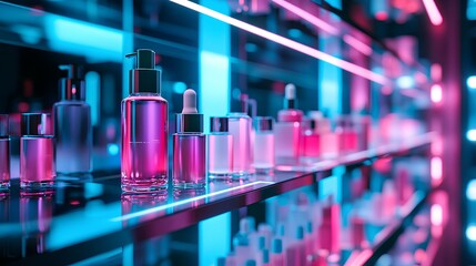 Beauty Products Displayed in Neon Lighting: A captivating array of beauty products, meticulously arranged on sleek shelves and illuminated by vibrant neon lights.