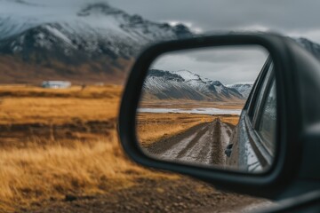 Mountainous landscape reflected in a car side mirror