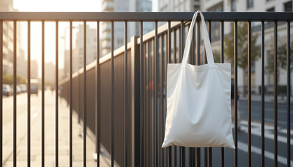 White Cotton Tote Bag Hanging on Modern Metal Railing – Eco-Friendly Fabric Bag Mockup for Branding and Design Presentation