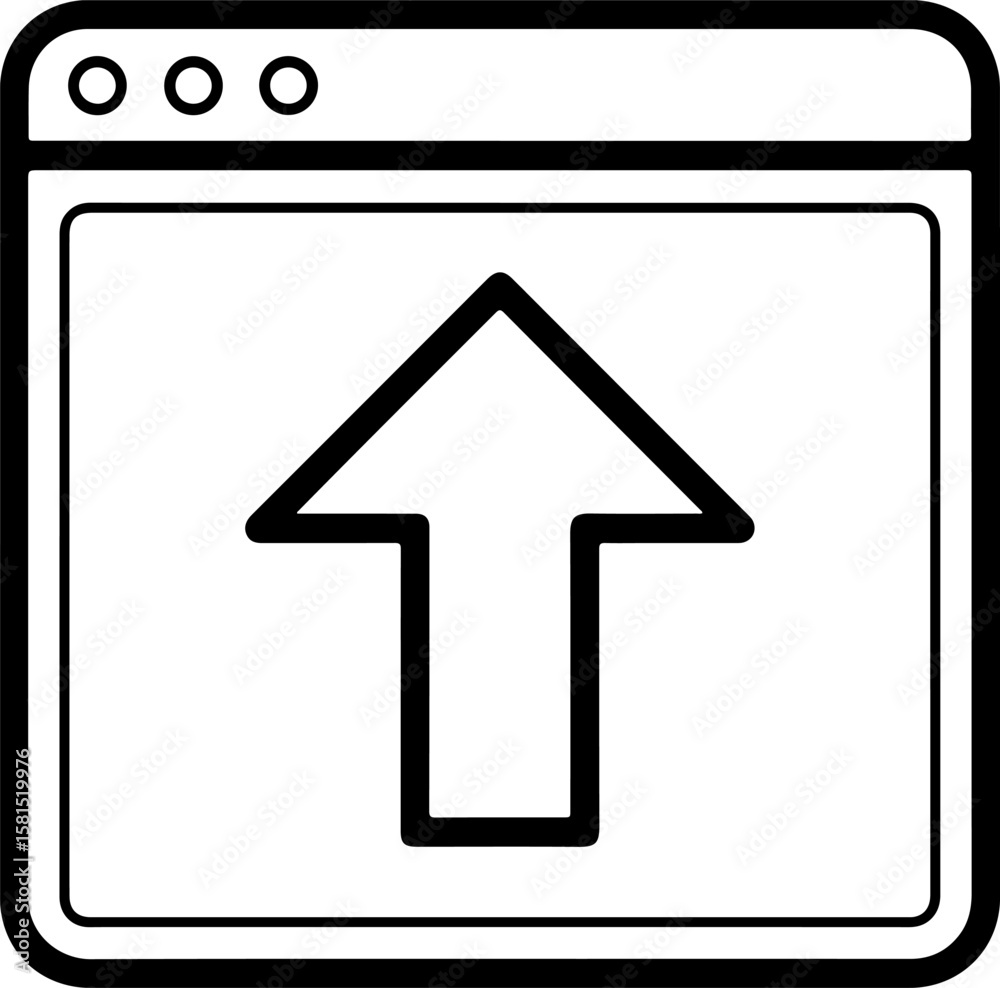 Poster simple black and white icon of a browser window with an upload arrow
