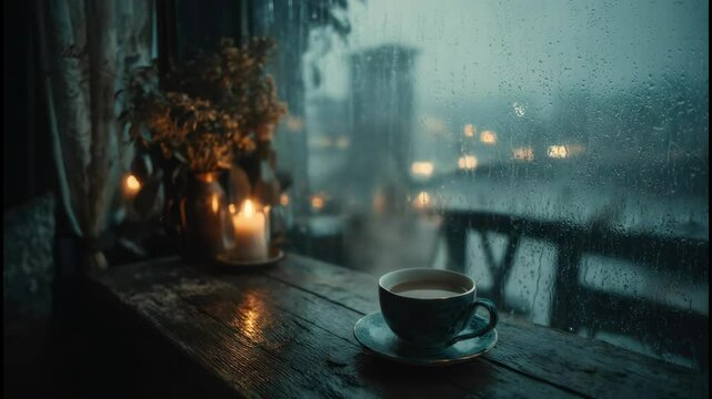 Coffee cup on windowsill with rain droplets outside, cozy mood
