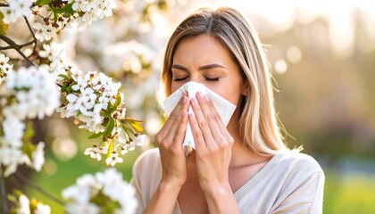 Woman blowing her nose in a park, surrounded by cherry blossoms