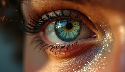 Fototapeta premium A close up shot of a human eye with long lashes and glitter makeup on the surrounding skin area