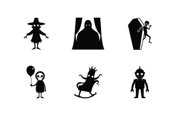 Silhouette bundle of scarecrow skeleton shadowy figure and trick or treat Halloween silhouette Vector illustration