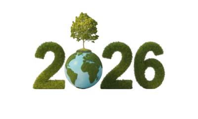 2026 formed by grass, earth globe, & tree on black