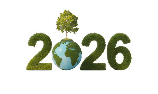 2026 formed by grass, earth globe, & tree on black
