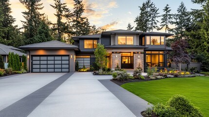 Luxury Home Exterior at Sunset with Beautiful Landscaping and Driveway