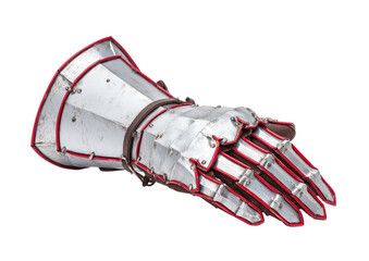 Detailed Medieval Knight Gauntlet with Bright Metal Finish and Red Accents, Displaying Craftsmanship and Historical Significance in Armor Design