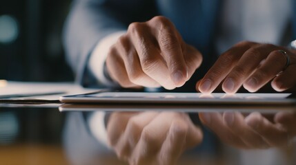 Close Up of Hands Interacting with Tablet on Reflective Surface