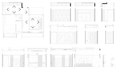 2D Vector Drawing Bedroom Suite with Dressing Room and Bathroom – Plan, Elevation, Section, and Detail