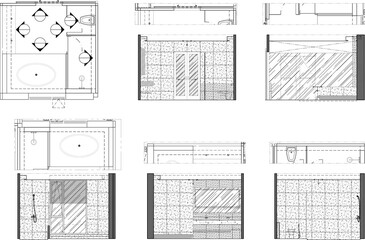 2D Interior Drawing of Bathroom Set – Shower Area and Wash Basin Counter in Vector Format