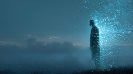 Obraz premium Man Standing in Mist Surrounded by Glowing Digital Particles at Dusk