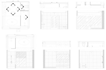 2D Interior Drawing of Bathroom Set – Shower Area and Wash Basin Counter in Vector Format