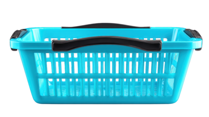 Aqua plastic basket with black handle, angled perspective