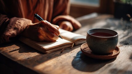 Cozy Workspace with Tea, Open Notebook, and Natural Light