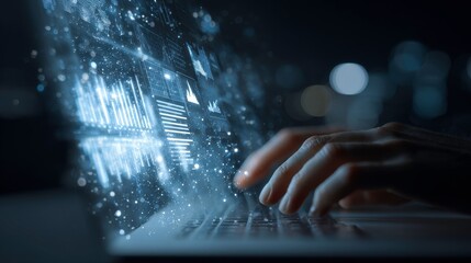 Hands Typing on Laptop with Data Visualization in Dark Environment