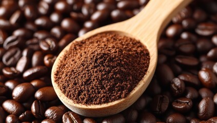 Fototapeta premium Wooden spoon of ground coffee on roasted beans