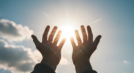 Silhouetted hands reaching towards a bright sun against a partly cloudy sky, conveying a sense of hope and adoration.