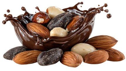 Assorted nuts splashing in melted chocolate
