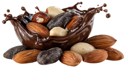 Assorted nuts splashing in melted chocolate