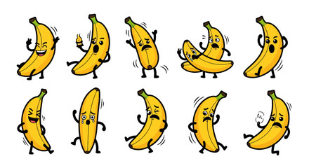 Collection of animated bananas showing various emotions and actions