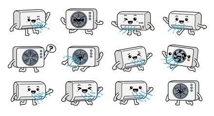 Set of animated air conditioning unit characters with expressive faces