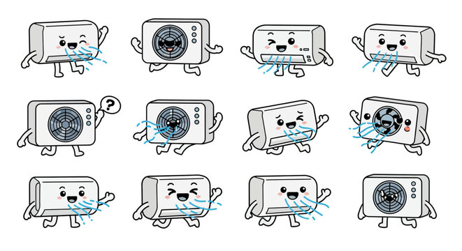 Set of animated air conditioning unit characters with expressive faces