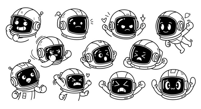 Set of diverse astronaut helmets with different facial expressions
