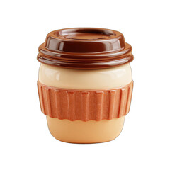 3D render of a coffee cup with a brown lid and orange-tan handle