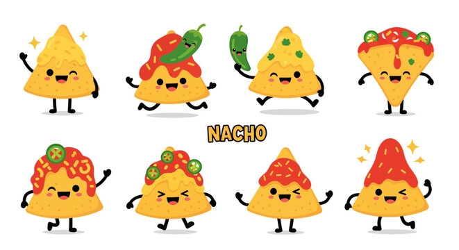 Cute nacho characters with toppings and expressive faces