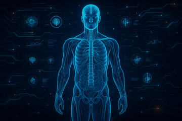 AI generated full body male anatomy with glowing skeleton nerves and digital HUD showing real time biometric diagnostics in sci fi medical environment