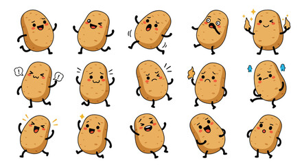 Obraz premium Set of animated potatoes with various expressions and poses