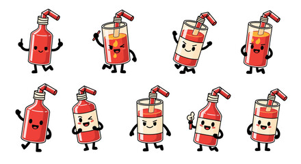 happy animated soda bottle and glass characters in playful poses
