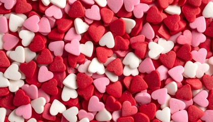 Heart-shaped candy sprinkles in red, pink, and white create a sweet, textured background.