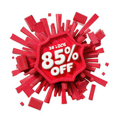 Red 85% off sale graphic with exploding shapes