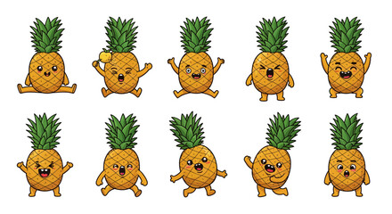 Fototapeta premium Collection of cartoon pineapples with expressive faces and playful poses