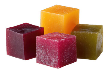 Four colorful, cubed, fruit-flavored candies