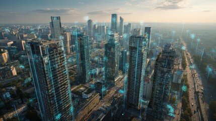 Futuristic Cityscape with Digital Technology and Urban Development