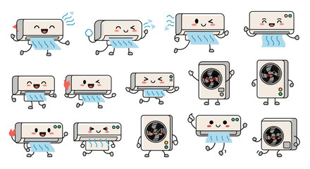 Cute air conditioner characters with smiling faces in playful poses