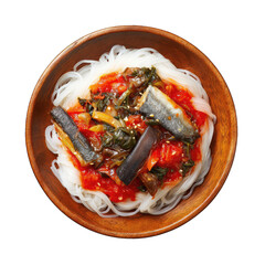 Wooden bowl of translucent noodles, tomato sauce, eggplant, and fish
