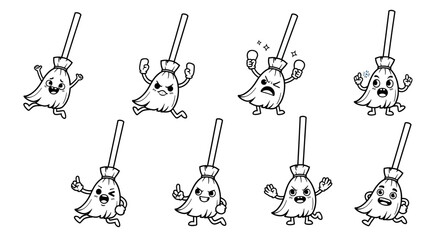 Cute cartoon broomstick character with different emotional expressions