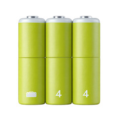 Three stacked, lime-green cylindrical batteries