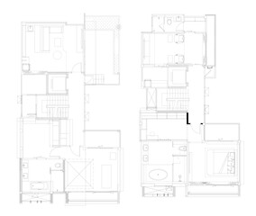 2D Vector Drawing of Two-Storey House – Furniture Layout Plan for Living Area, Pantry, and Bathroom