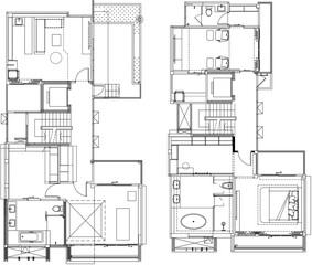2D Vector Drawing of Two-Storey House – Furniture Layout Plan for Living Area, Pantry, and Bathroom