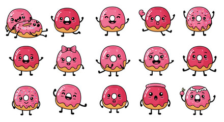 Cute pink donut characters with various expressions and accessories