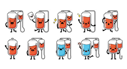 Cute cartoon blood donation characters with cheerful and sad expressions for health awareness