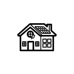 Outline of a house with solar panels and eco-friendly symbol