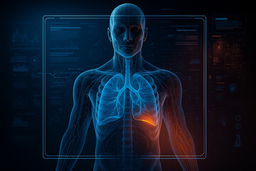 AI generated hyper detailed human chest scan with glowing lungs ribs and digital HUD interface showing futuristic medical diagnostics on dark background